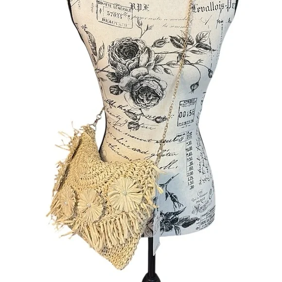 Urban Expressions Woven Straw Clutch Crossbody Floral GoldTone Chain Cream New - Picture 6 of 6